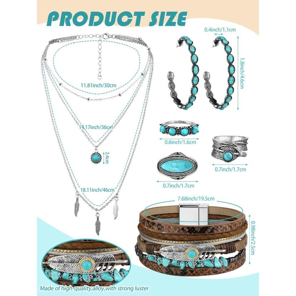 Western Jewelry Set Turquoise Faux Leather Long Necklace Earrings Rings Bracelet - Picture 3 of 7